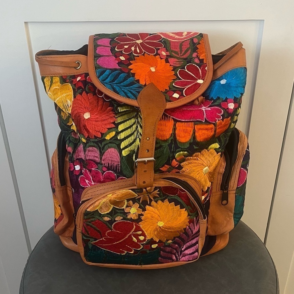 Suede Backpack | Embroidered Flowers | Mexican | Multicolored